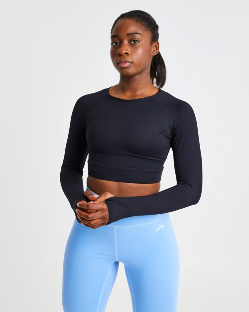 AYBL Core Long Sleeve Crop Top Svarta | 0978-EKQXY