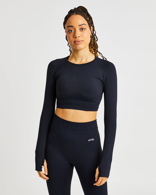 AYBL Elevate Seamless Long Sleeve Crop Top Svarta | 4370-SOIGC