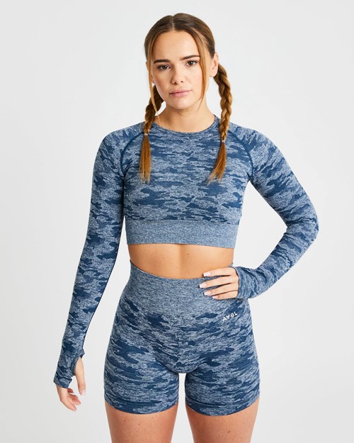 AYBL Evolve Camo Seamless Long Sleeve Crop Top Teal | 5439-HUDVZ