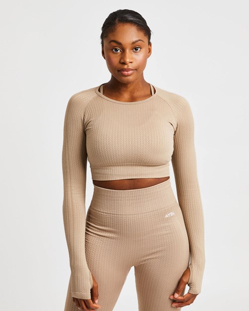 AYBL Luxe Seamless Long Sleeve Crop Top Mocha | 8291-QOHAJ
